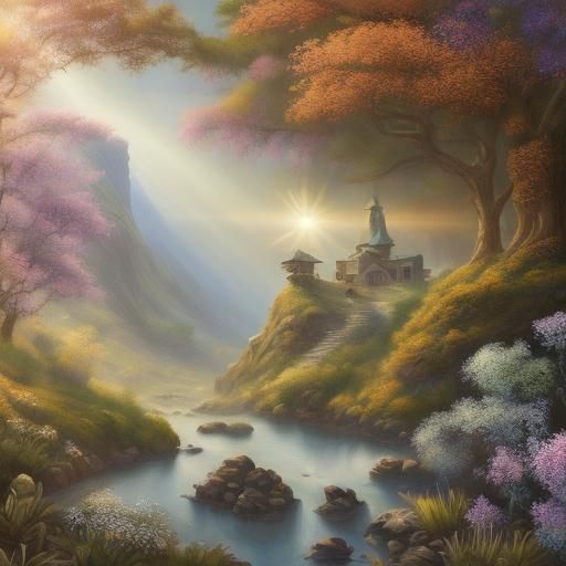 Hunter in Mountain Meadow: Fantasy Oil Painting