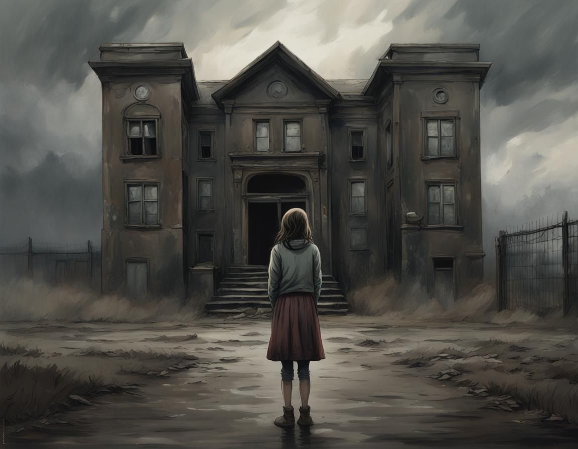 Orphan Girl at Gloomy Orphanage Entrance in Anime Style