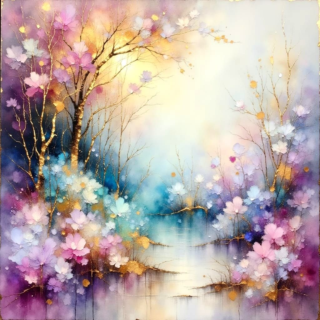 Ethereal Impressionistic Landscape with Metallic Textures