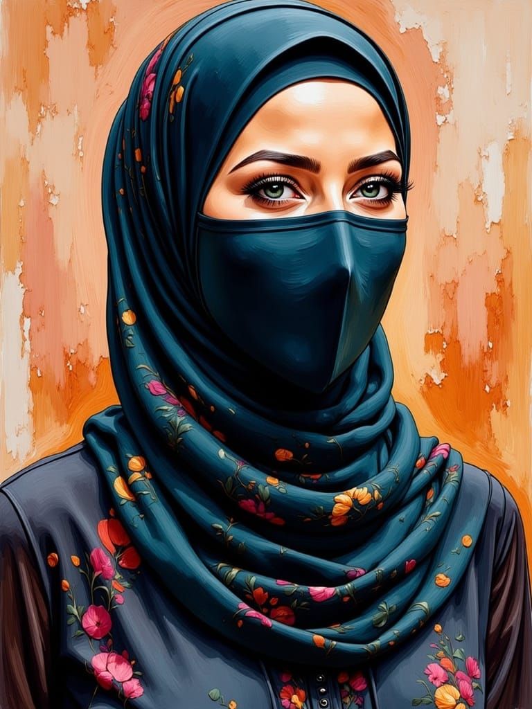 Oil Guache Portrait of Modest Woman in Hijab and Facemask