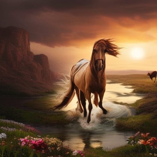 Woman on Horseback at Sunset: Digital Matte Painting