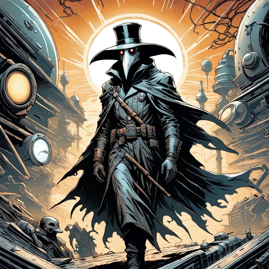 Futuristic Plague Doctor in Solar Punk Comic Style