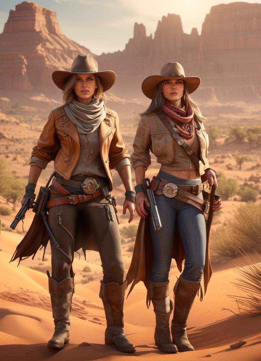 Cowboy and Cowgirl Bounty Hunters in Desert Scene