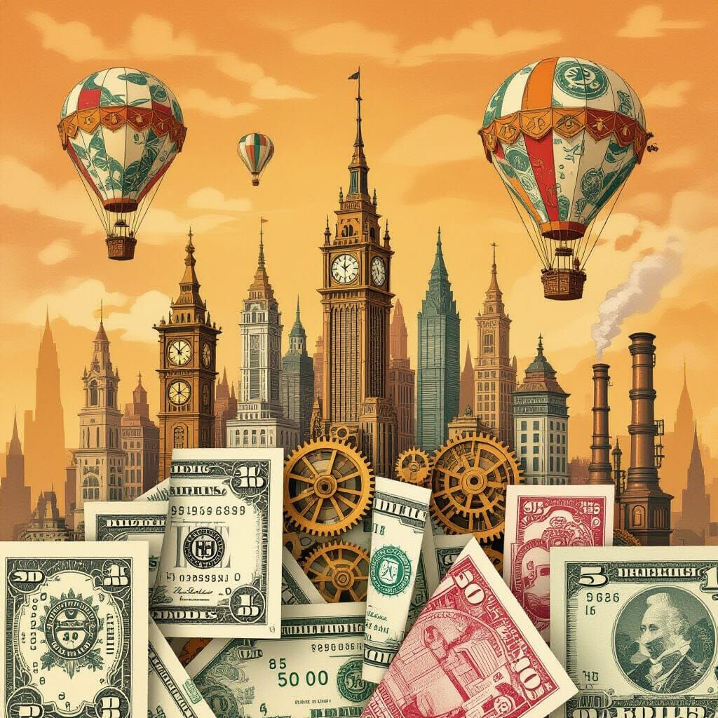 Steampunk Origami City Skyline from Paper Money