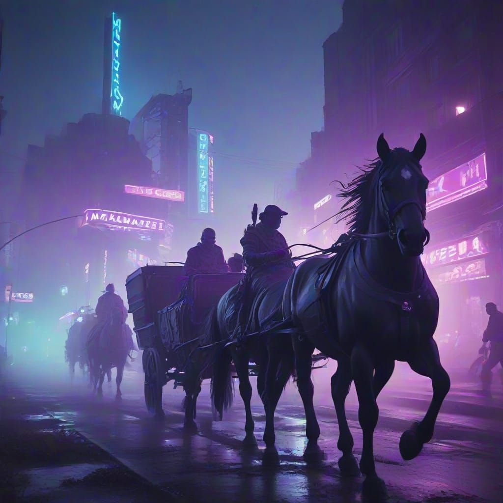 Cyberpunk Horse Ride Through Lunar Monuments in Neon Noir