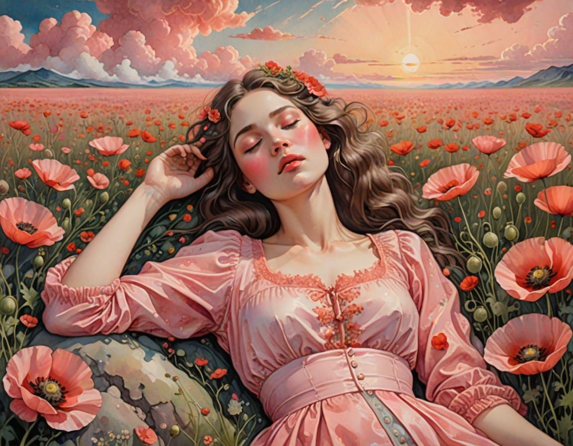 Surreal Watercolor of Dreamy Woman in Poppies as She Falls A...