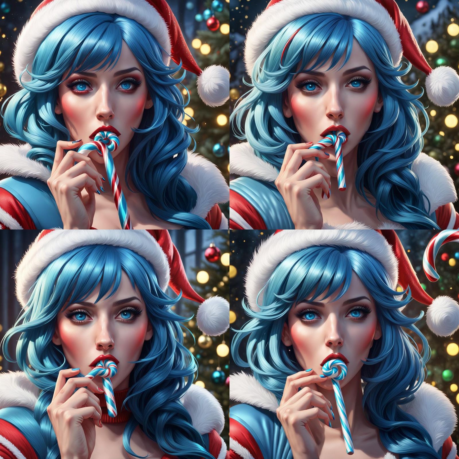 Blue-Haired Girl's Christmas with Candy Cane