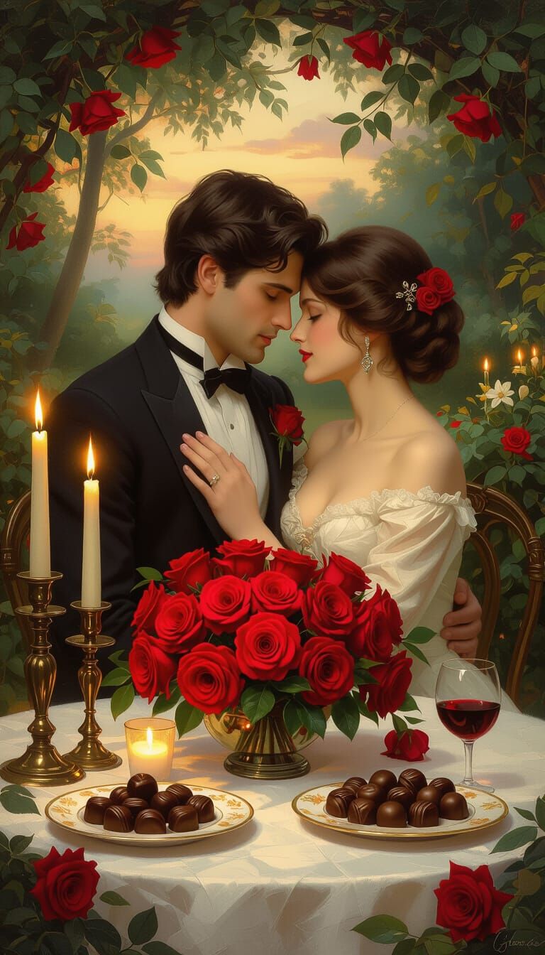 Opulent Romantic Painting of Lovers Embracing in Candlelit R...