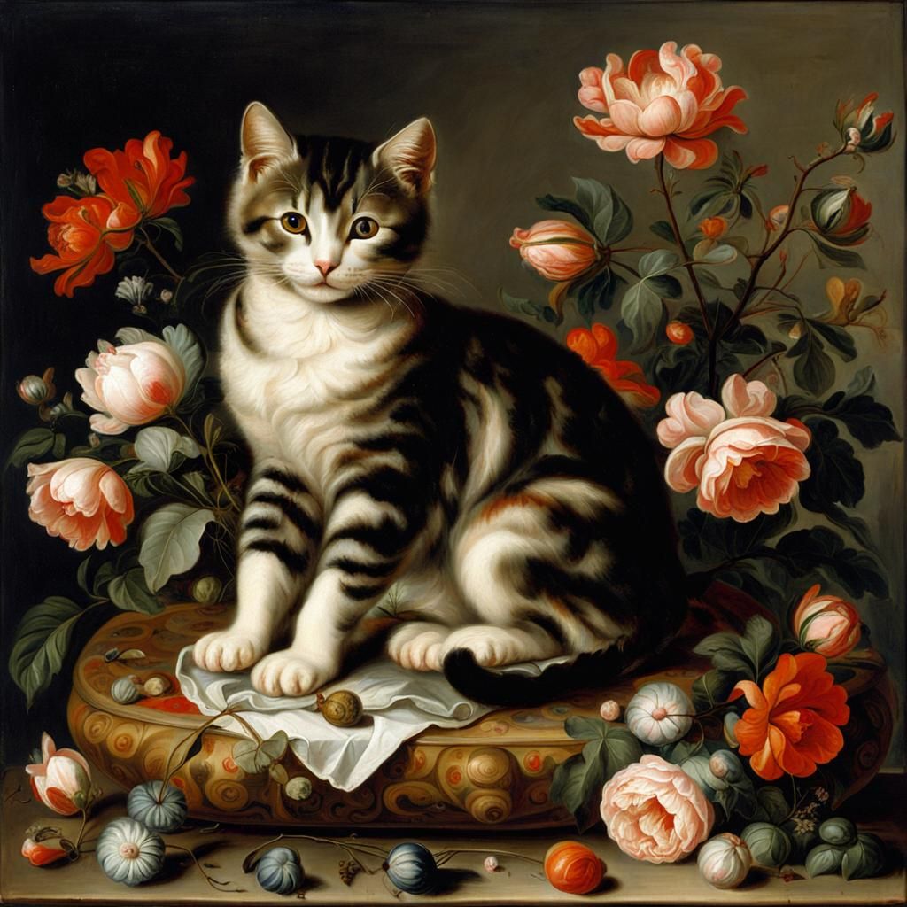 Cute Cat Surrounded by Flowers in Dutch Style