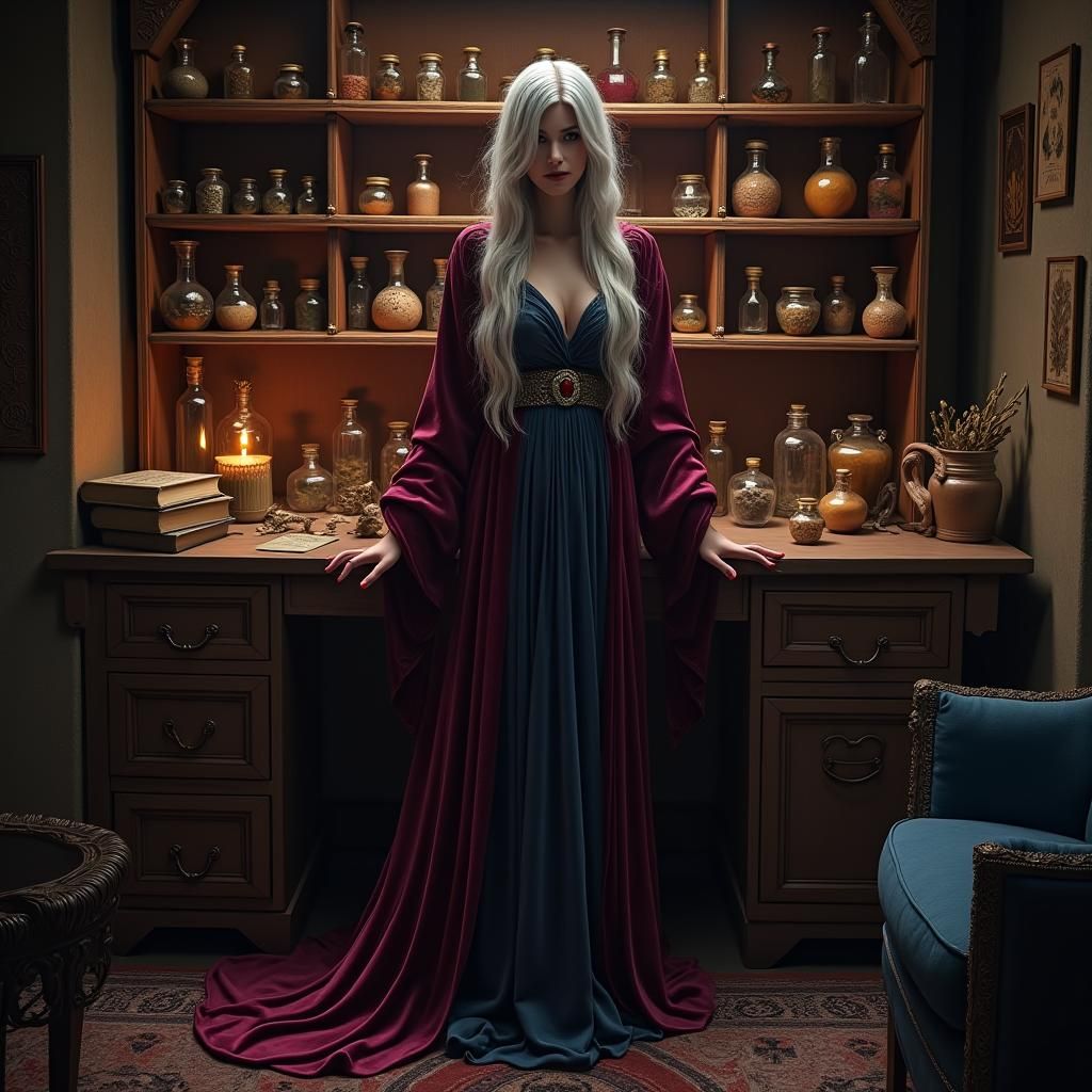 Enchanting Sorceress in Mystical Apothecary Setting