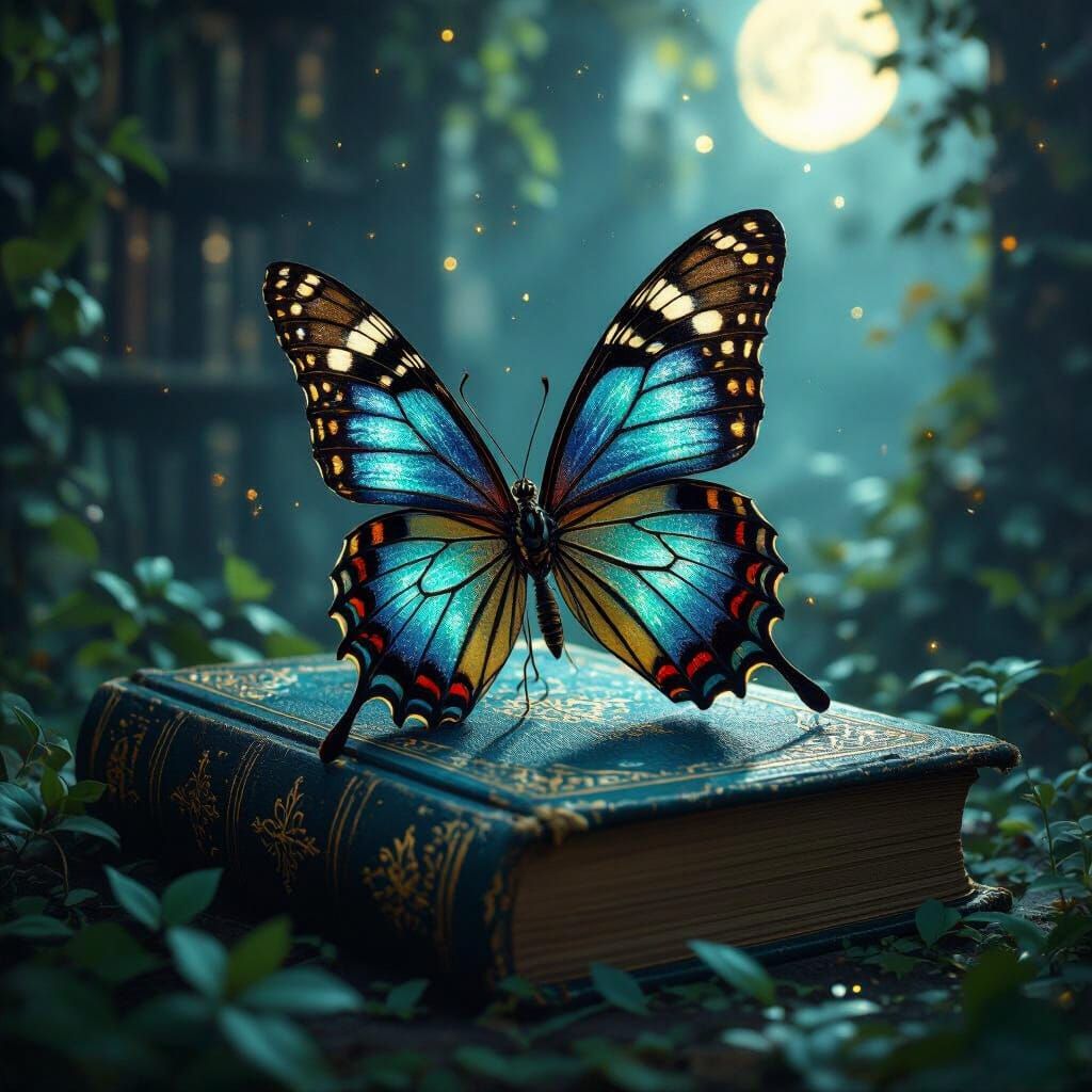 A regal butterfly with wings like stained glass, perched on ...