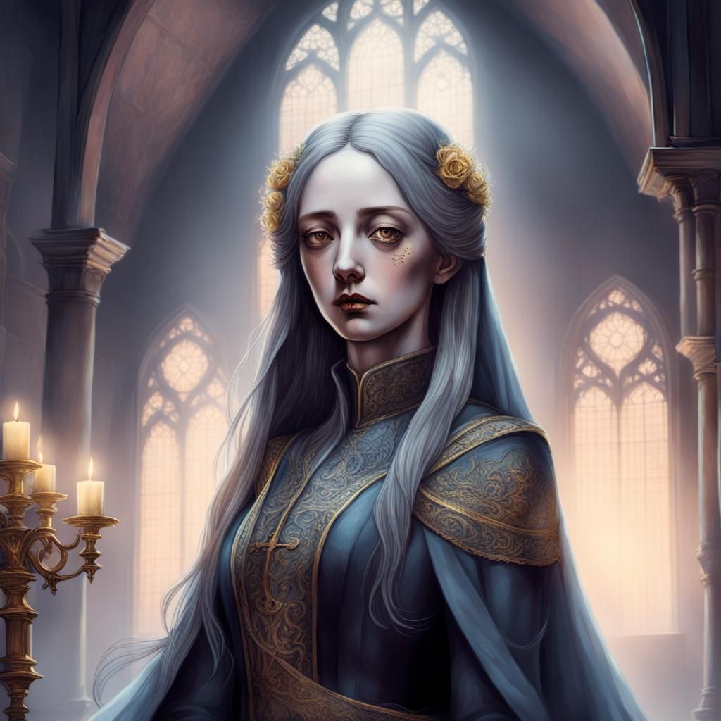 Despairing Widow in Abandoned Church, Doré Etching