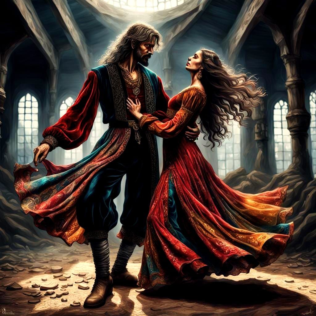 Gypsy Couple Dancing in Dark Surrealism Style