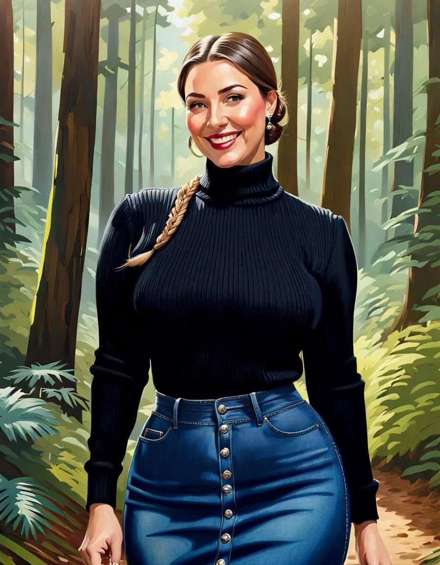 Enticing Brunette in Forest: An Oil Painting