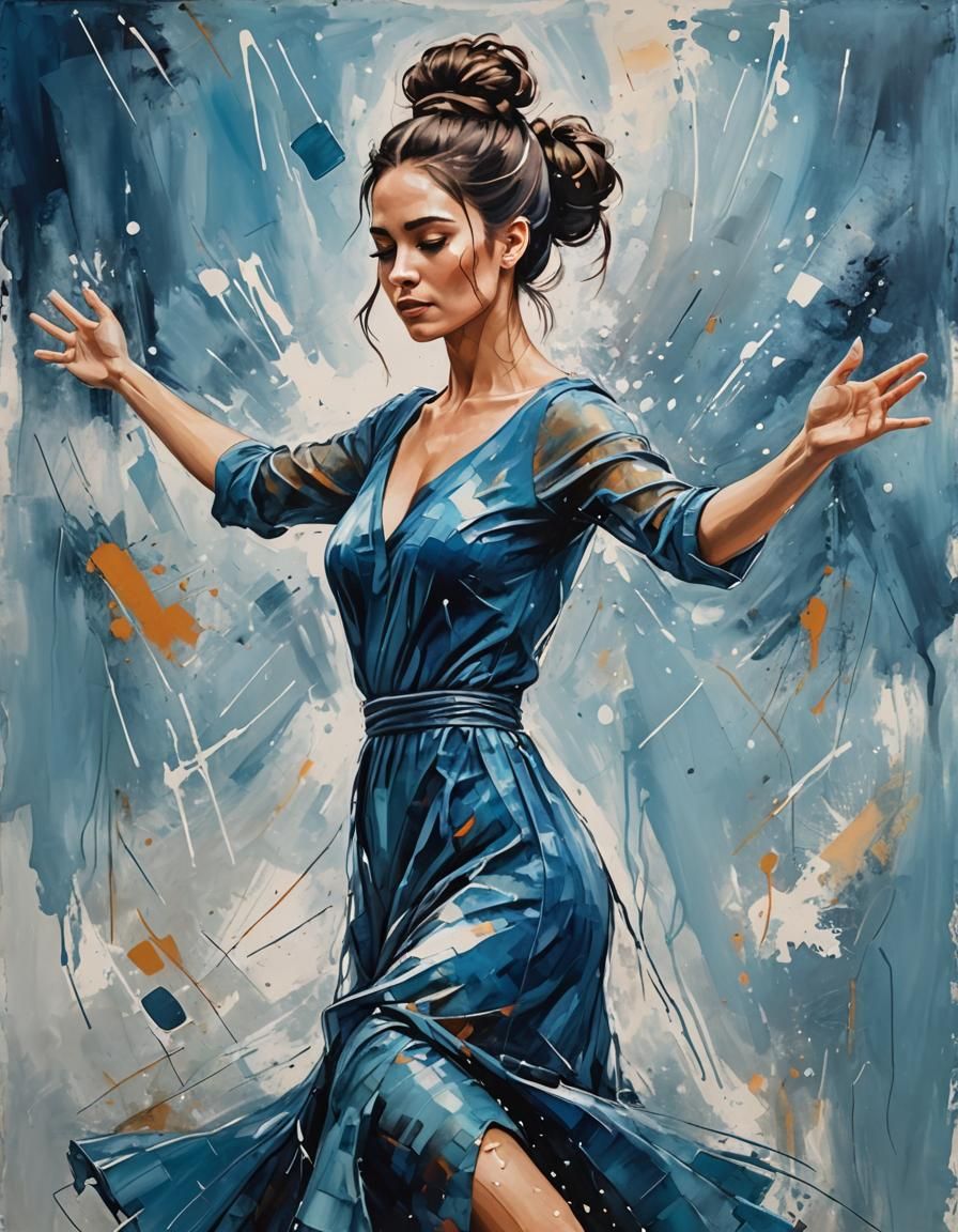 Brunette Woman Dancing in Wet Blue Dress: Abstract Art