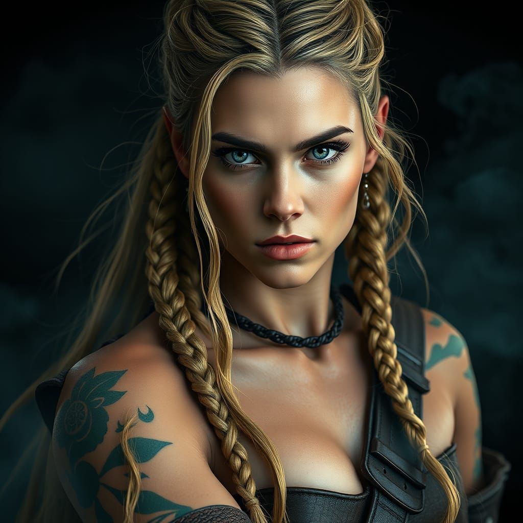 Fierce Female Viking Warrior in Golden Braids and Leather Ar...