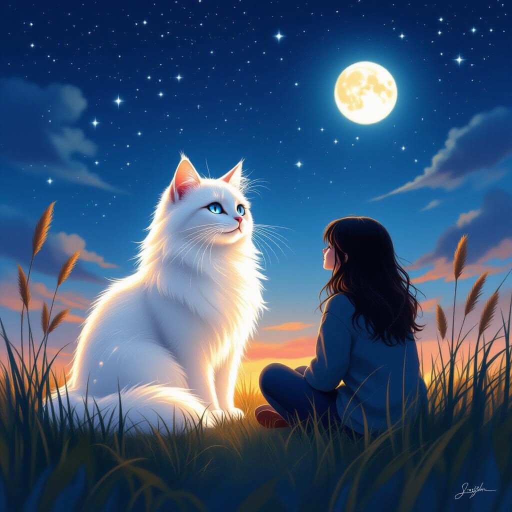 Ethereal Cat Spirit Beside Owner Under Starry Night
