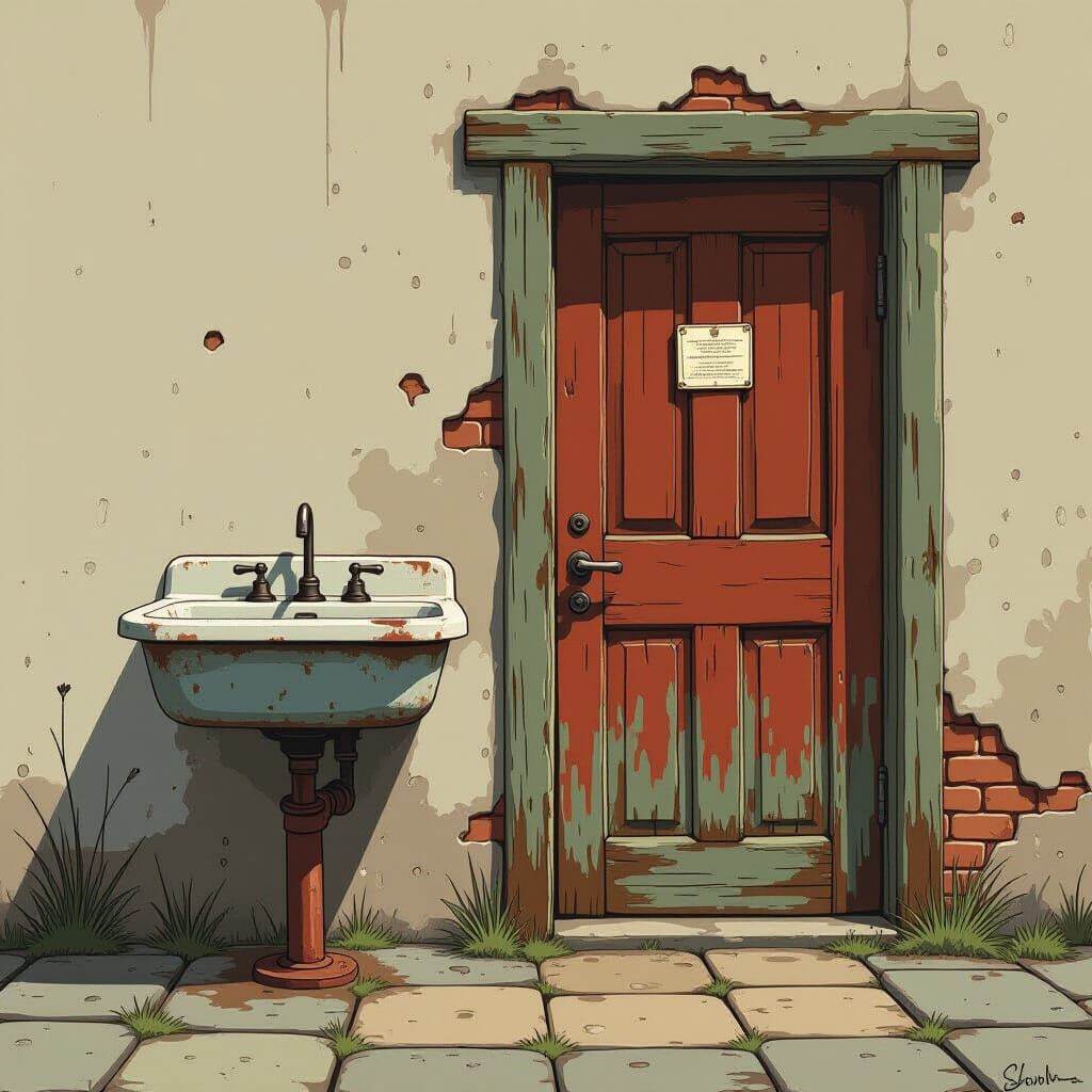 Rustic Sink Longing for Open Door: Atmospheric Digital Art