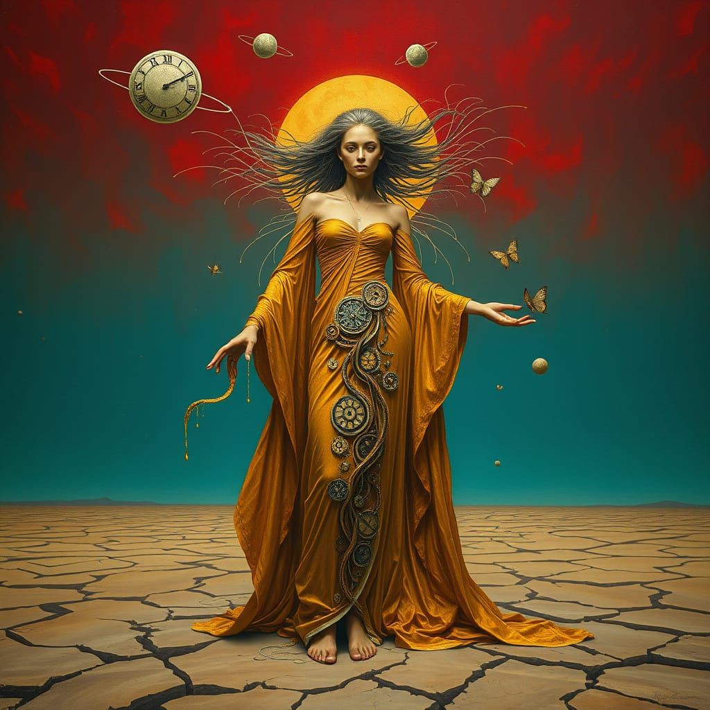 Surreal Woman Merging with Molten Metal Rivers