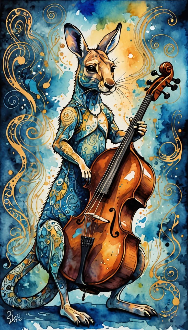 Kangaroo Jazz Musician in Surreal Watercolor Ink Art