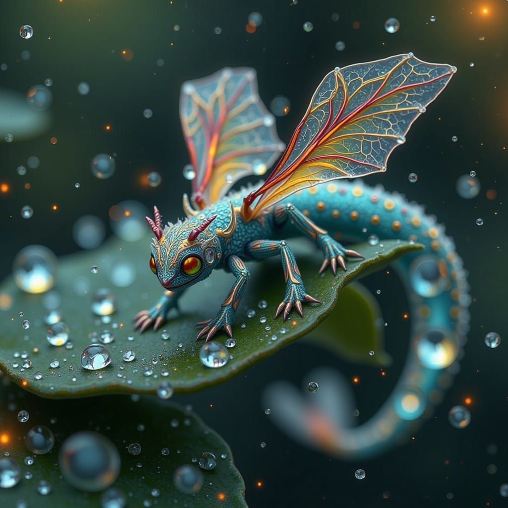 Tiny Dragon on Dewy Leaf in Macro Environment