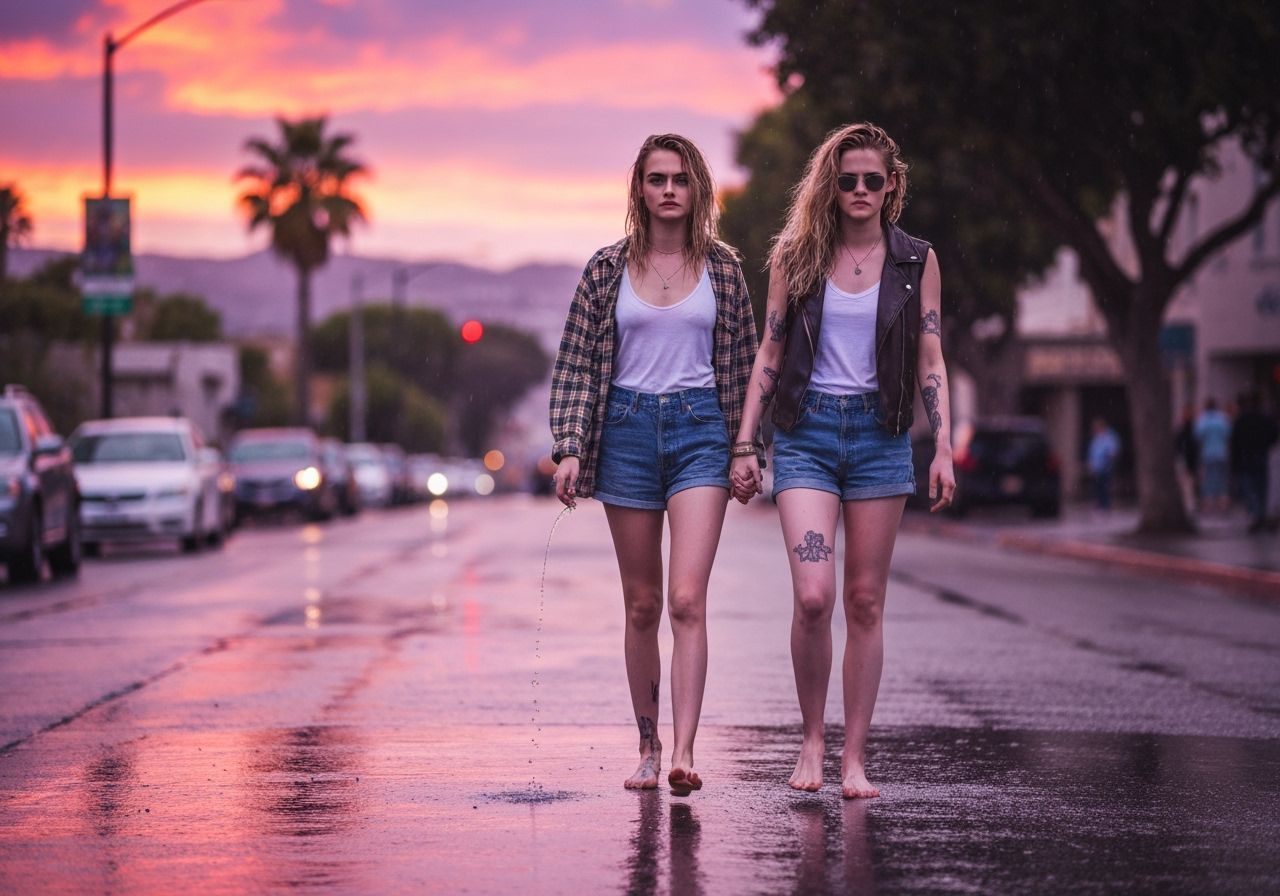 Cara Delevingne and Kristen Stewart barefoot in the rain in ...
