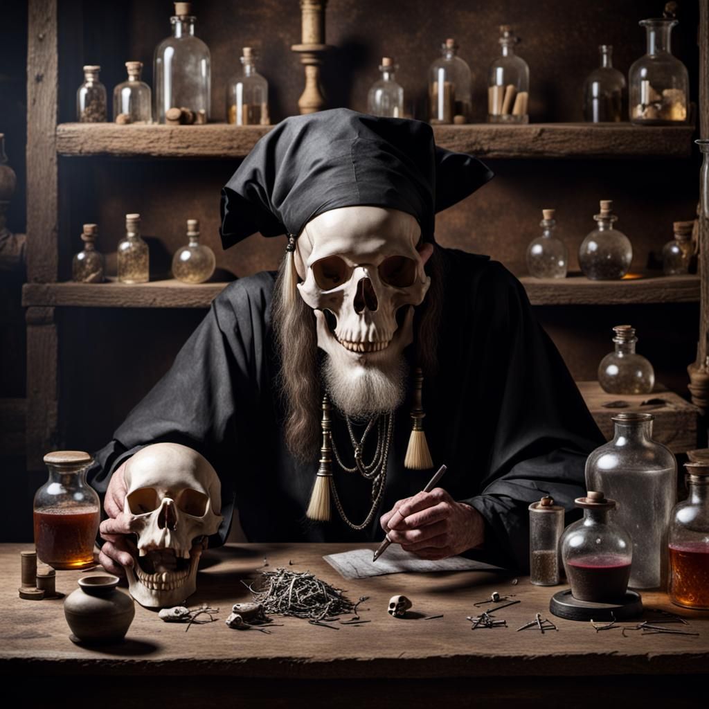 Alchemist Contemplates Mortality in Candlelit Laboratory
