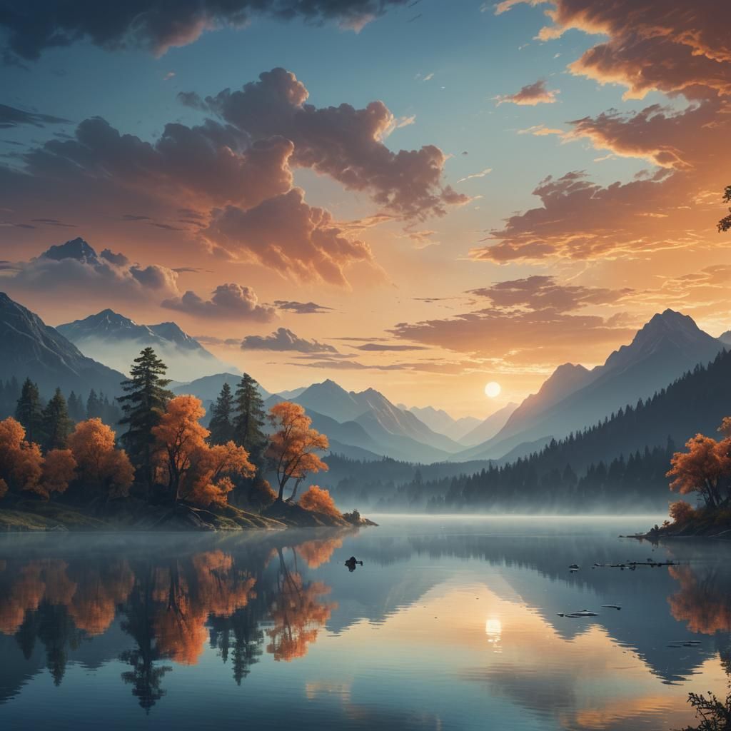 Serene Lake Landscape with Misty Mountains: Digital Art