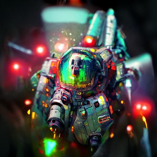 Green Mecha Robot Soars Through Colorful Nebula