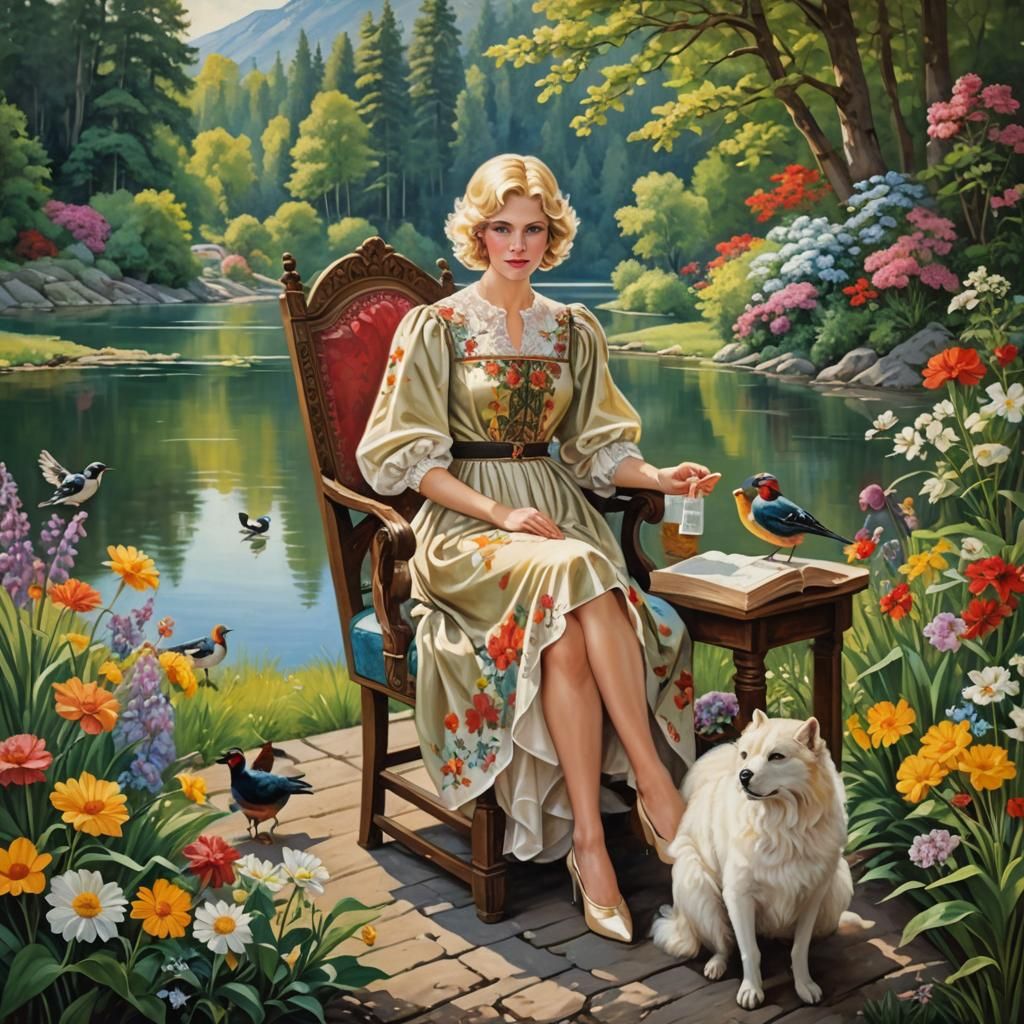 Queen Reading by Lake: 1980s Oil Painting