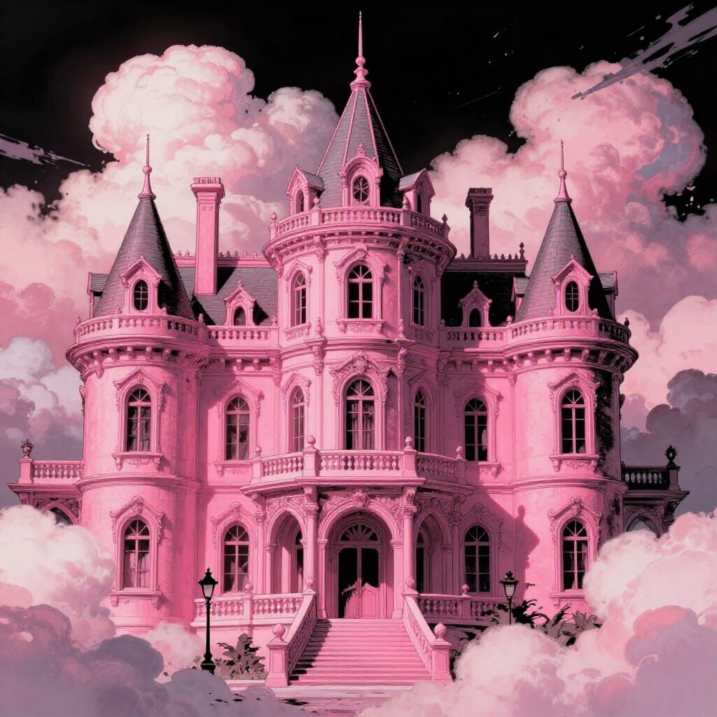 Gothic Pink Mansion in Clouds, Science Fiction Comic Art