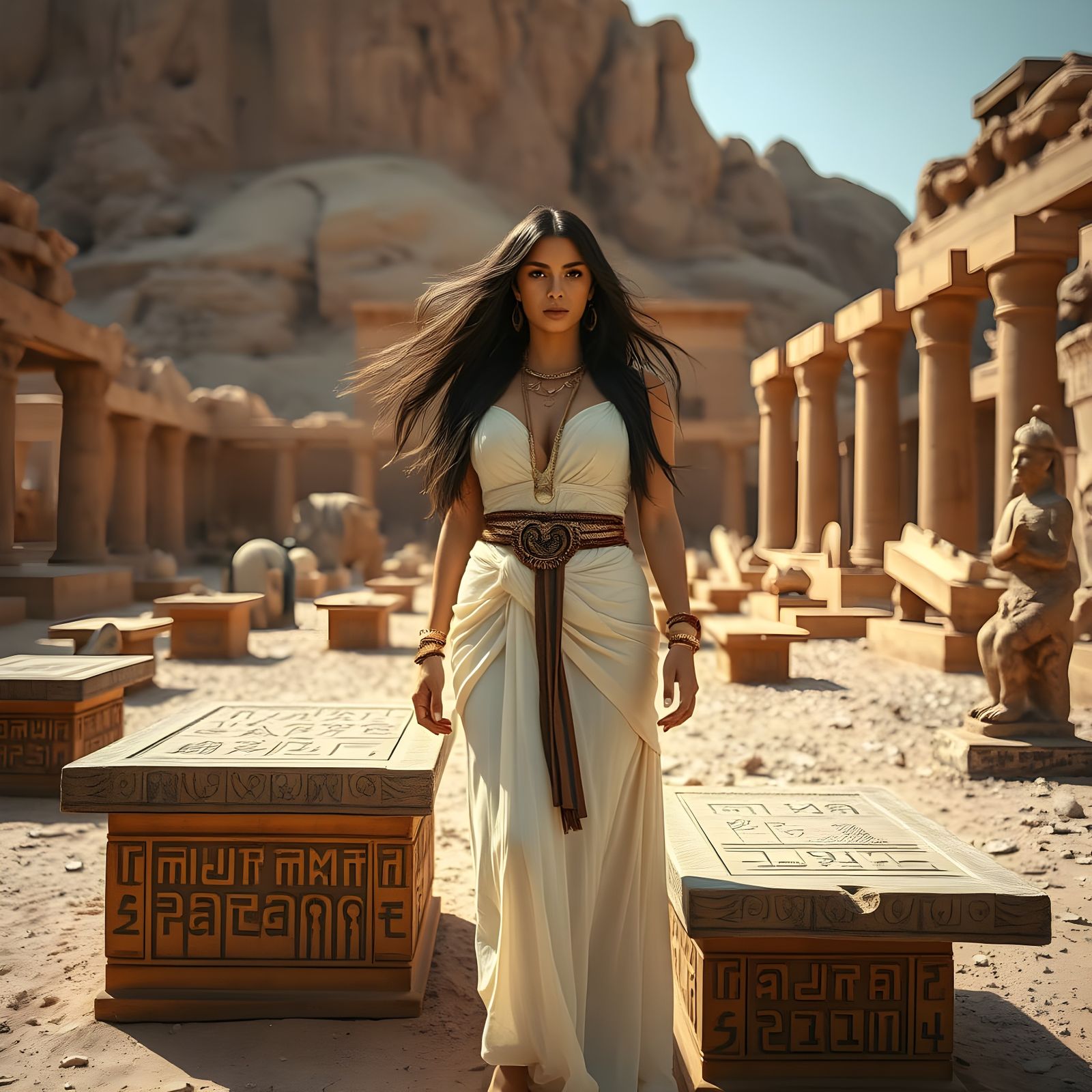 Ethereal Sumerian Priestess Amidst Wadi Rum's Golden Sands