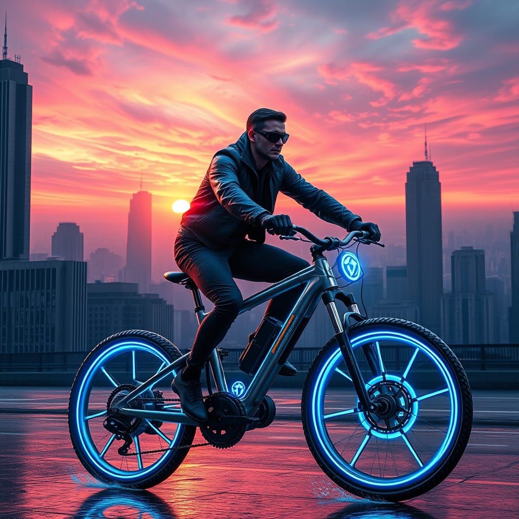 Athlete Rides Futuristic Bike Through Dystopian Cityscape in...