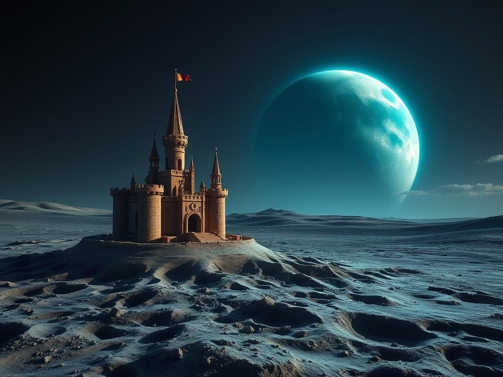 Lunar Sandcastle with Earthrise: A Surreal Landscape