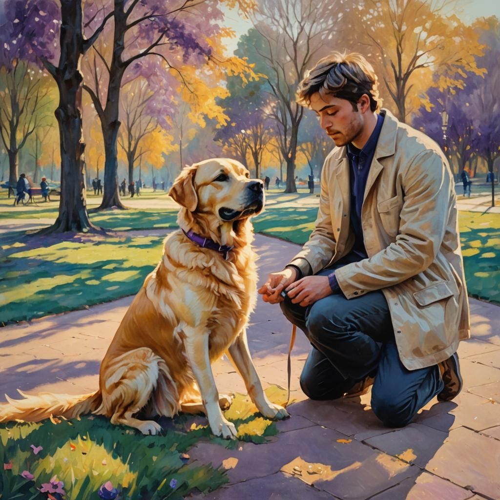 Man and Dog in Park: Expressionist Oil Painting