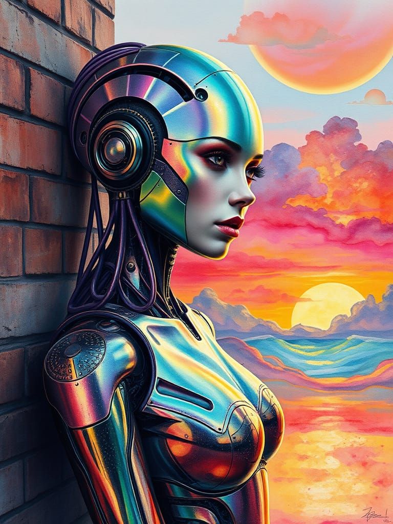 Ethereal Cyborg in Colorful Sunset Landscape