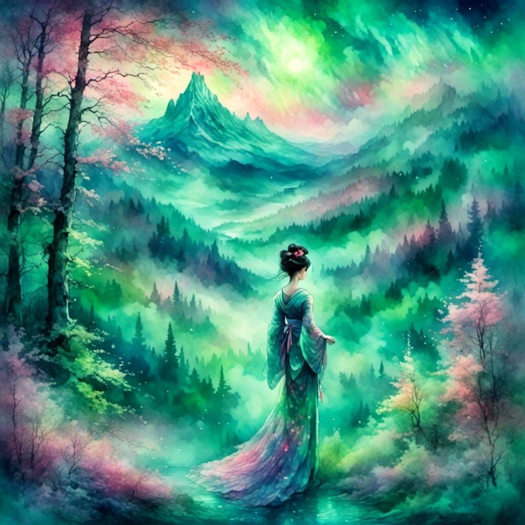 Geisha Gazing at Aurora Borealis