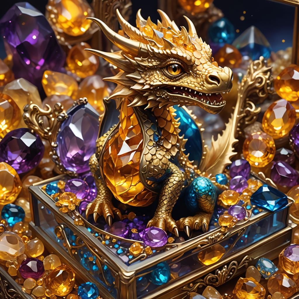 Baby Gold Dragon in Gemstone Jewelry Box