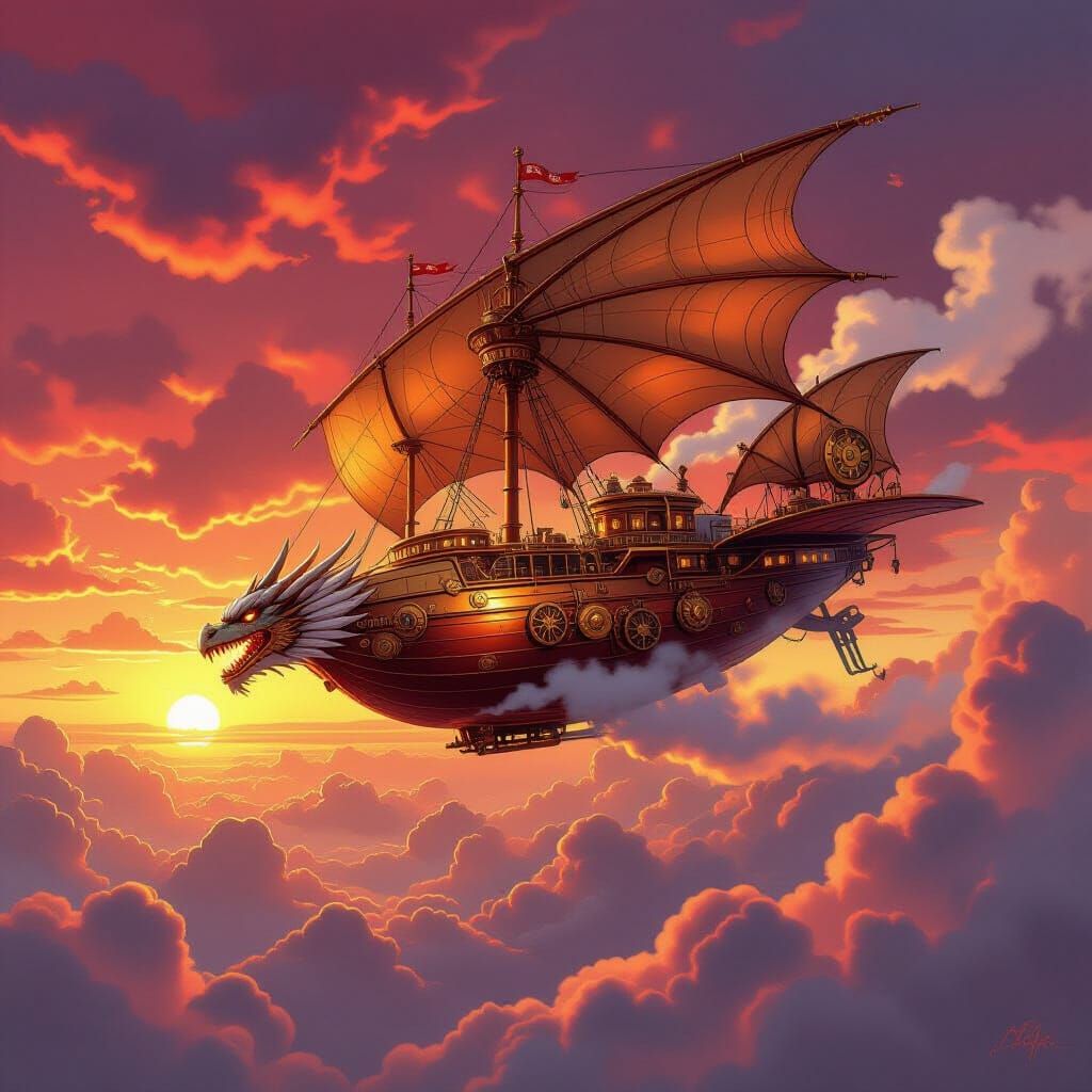 Steampunk Dragon Airship Soaring in Crimson Sky
