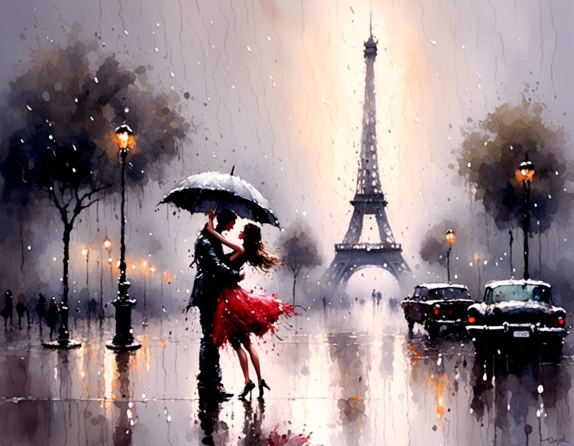 Eiffel Tower: Couple's Rainy Dance, Oil Painting Style