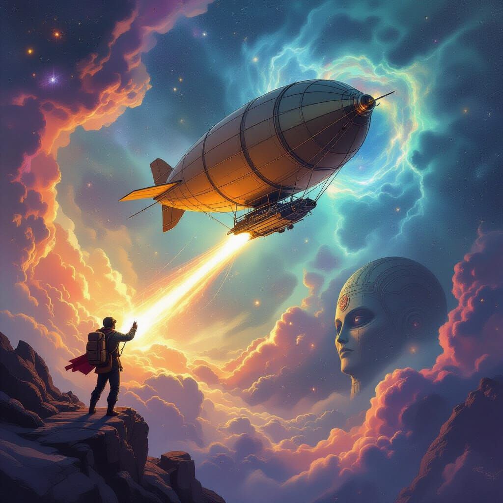 Steam-Powered Dirigible Navigates Cosmic Nebula