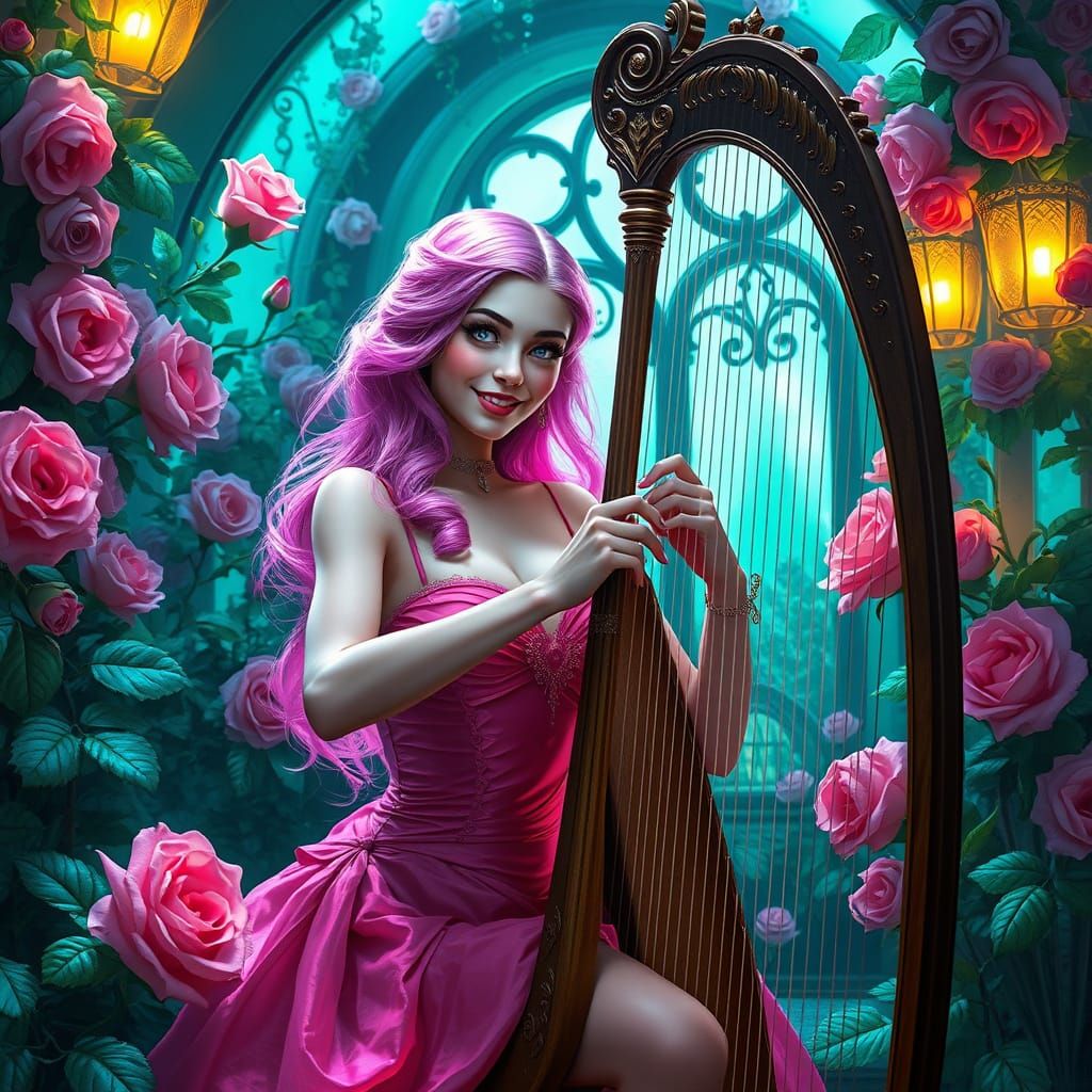 Pink Haired Woman Plays Harp in Rose Greenhouse