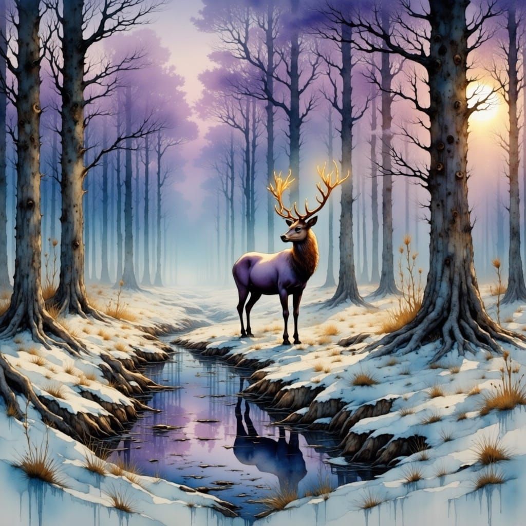 Majestic Stag in Primeval Forest with Radiant Silver Antlers