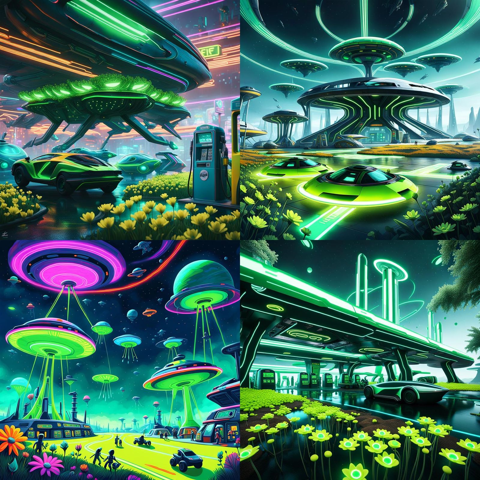 Alien Gas Station Chaos: A 3D Rendered Scene