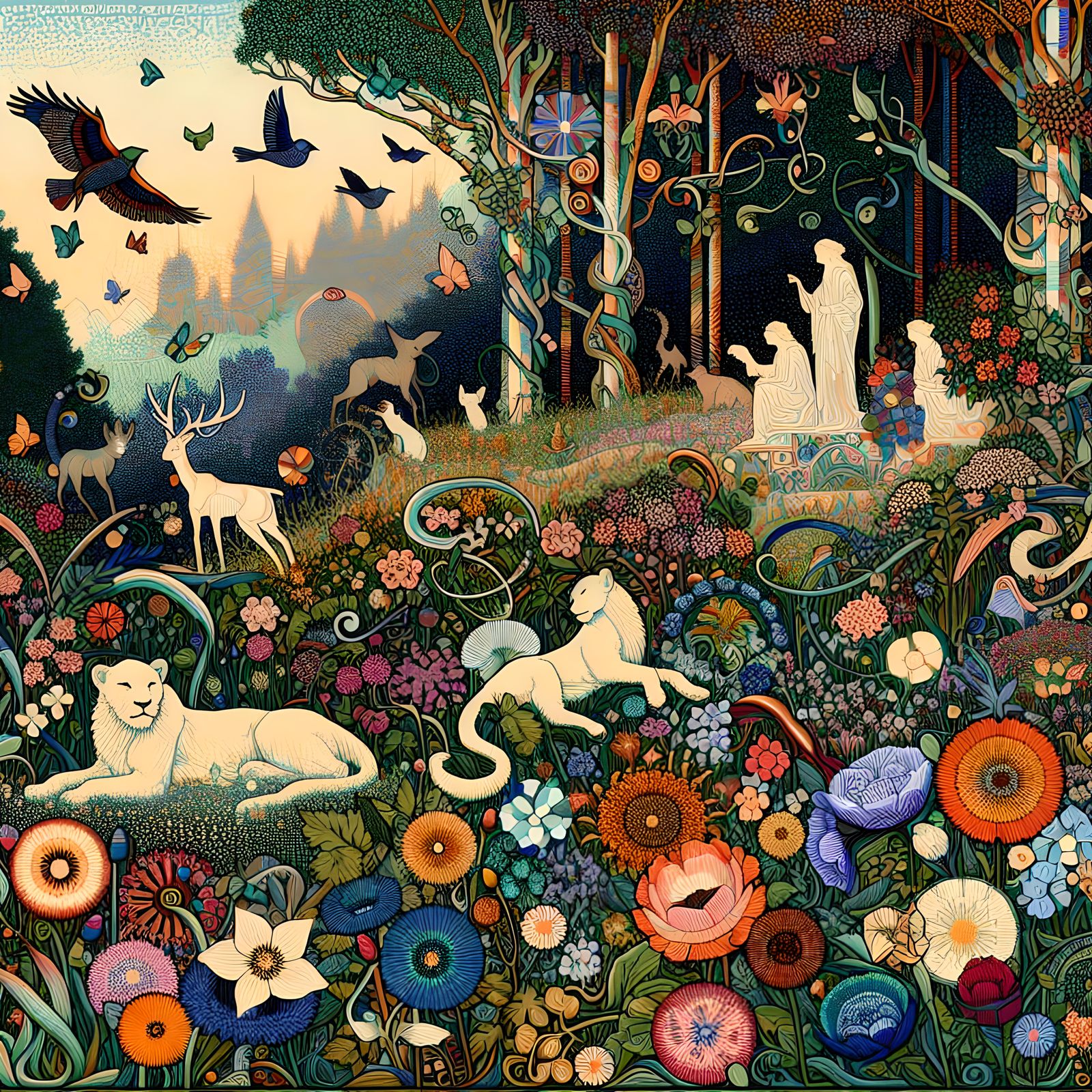Eden Meadow Graphic Art with Animals and Angels
