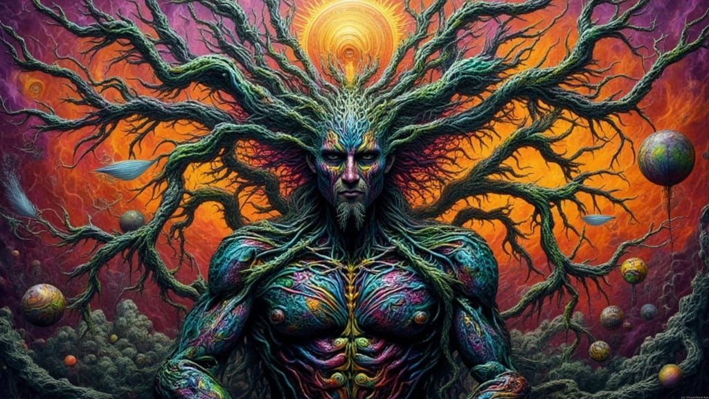 Biomechanical Android Man Portrait with Rainbow Moss