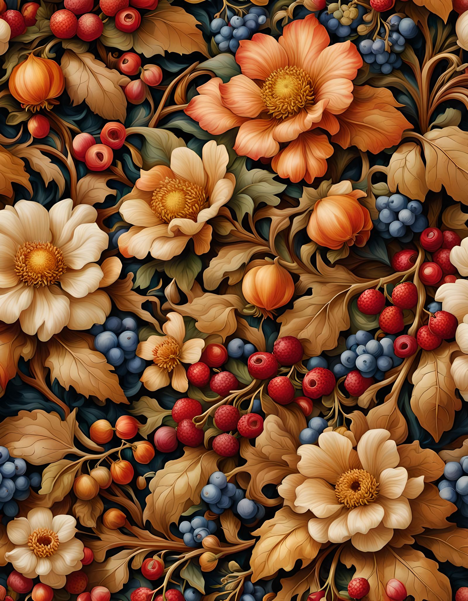 Autumnal Flowers and Leaves in William Morris Style