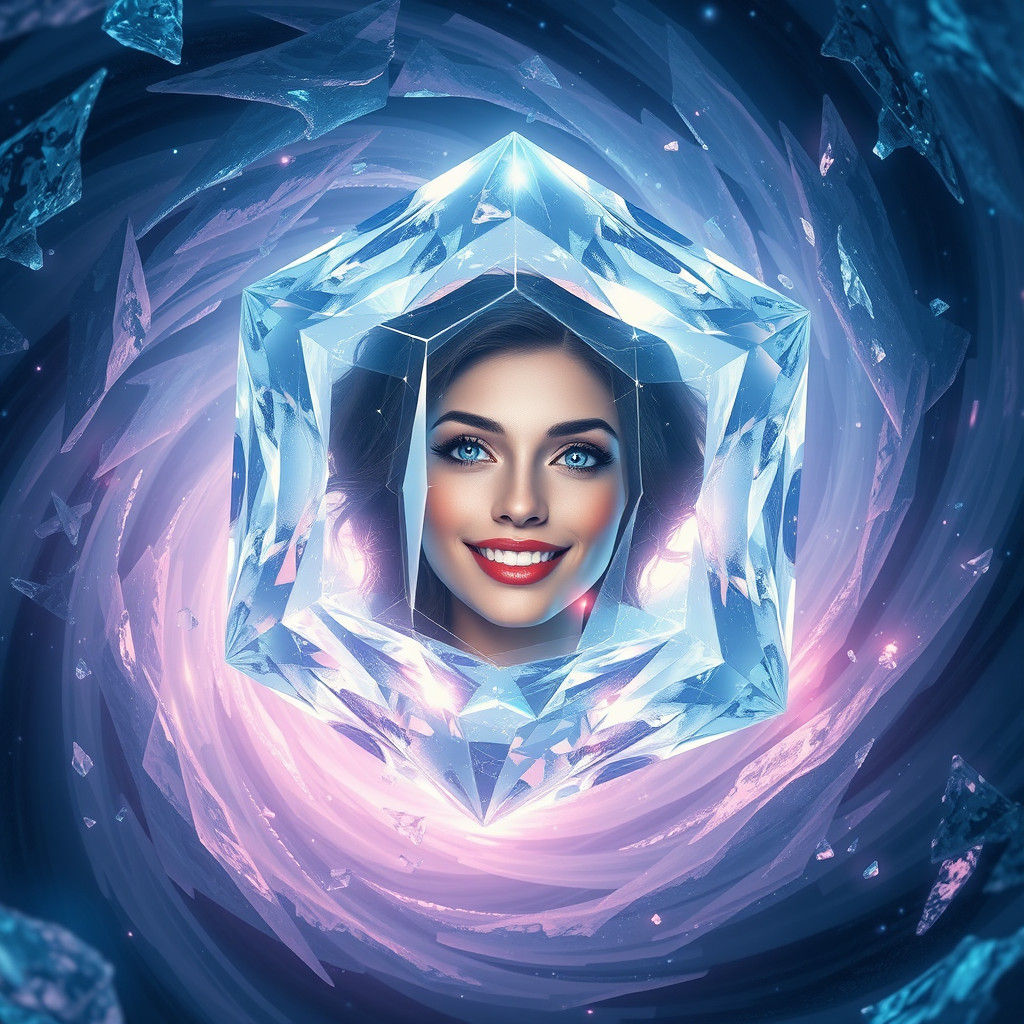 Crystalline Cube with Smiling Woman, Matte Painting