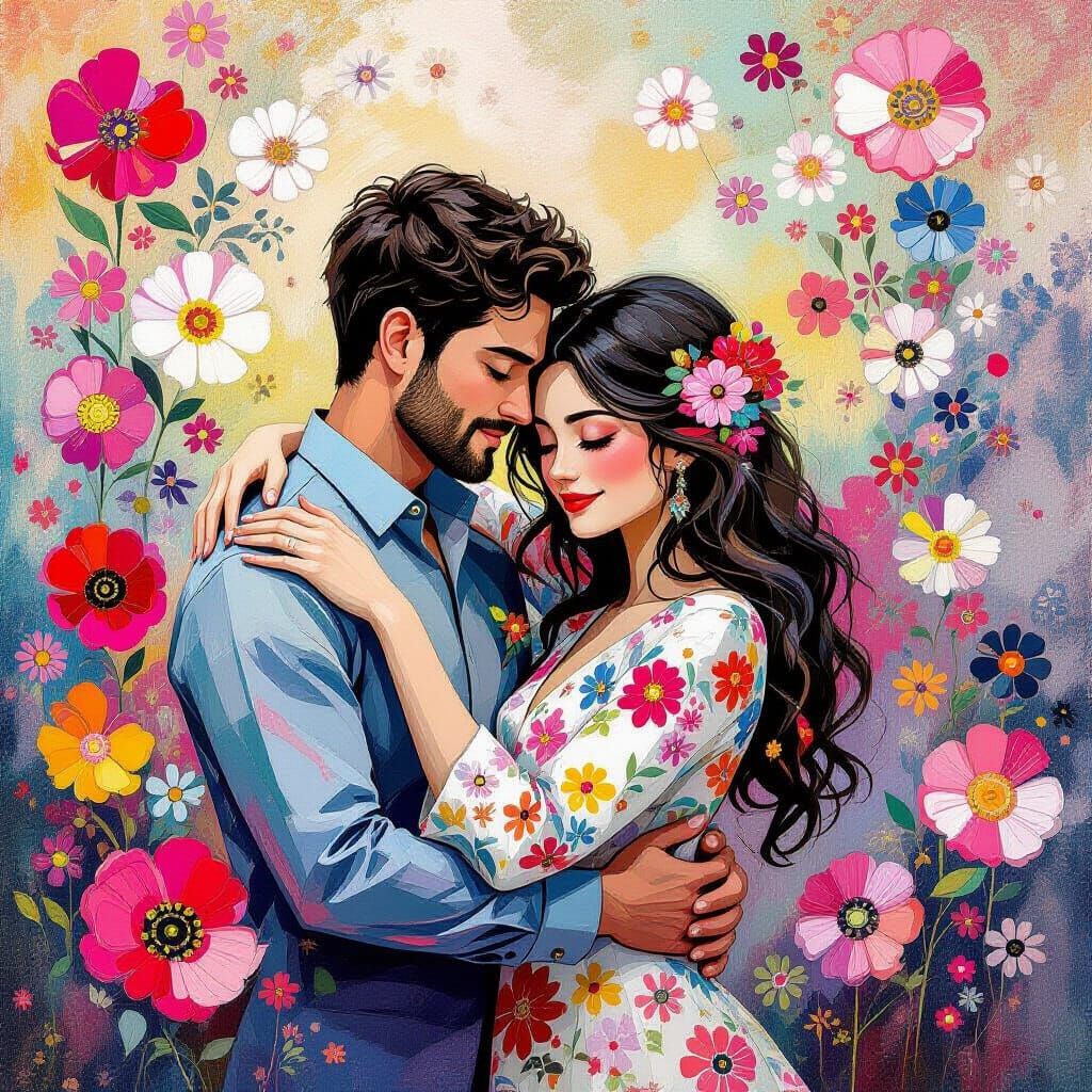 Couple Embracing in Dreamlike Floral Art
