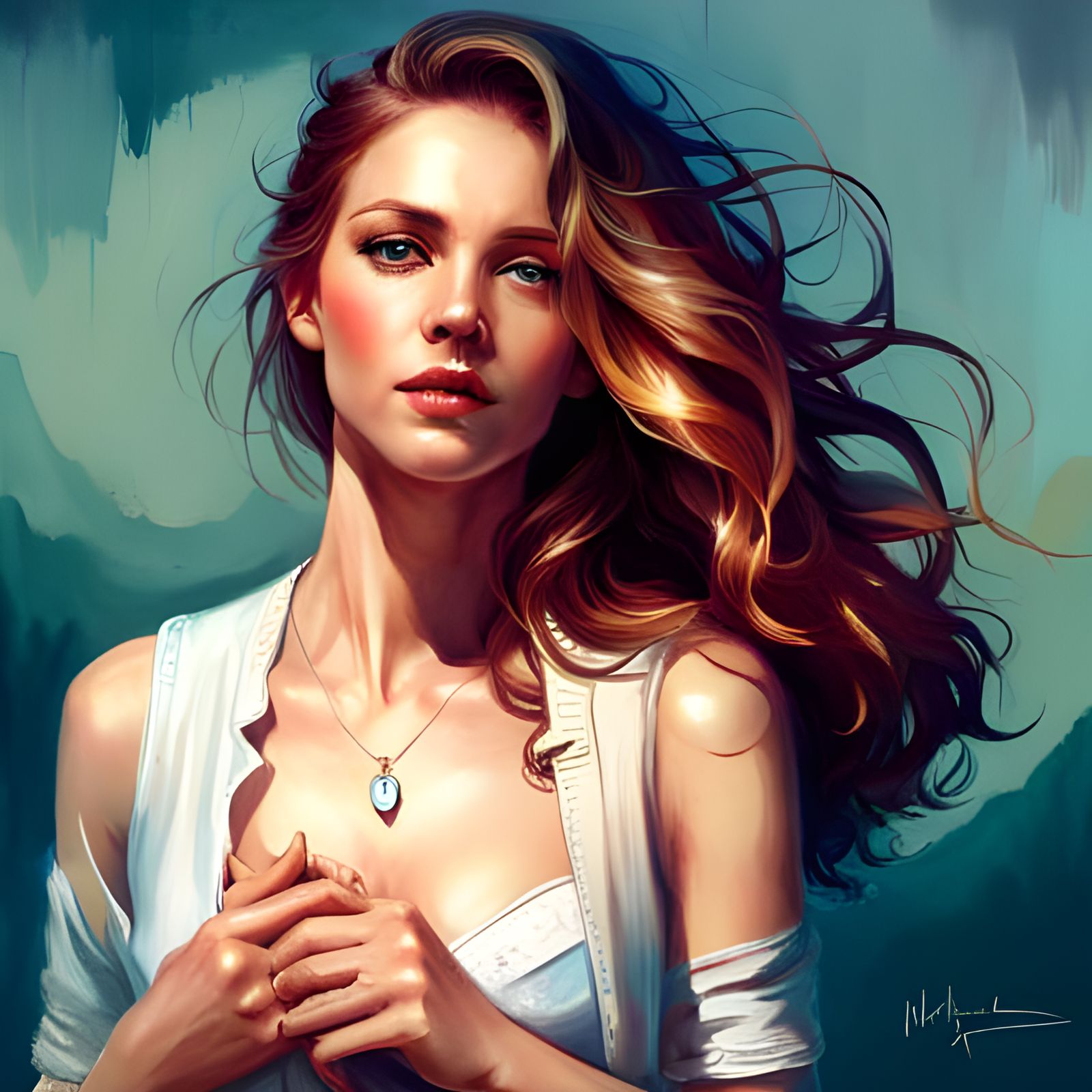 Flirty Woman in Cardigan: Digital Art Portrait